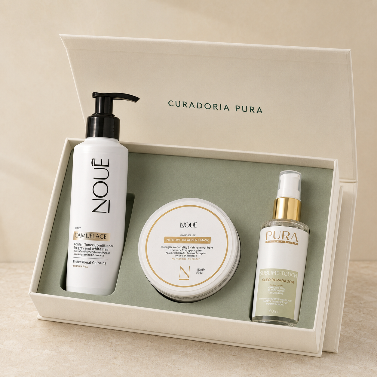 Kit com Camuflage Light e Máscara Camuflage da Nouê e Óleo Reparador Sublime Touch da Pura