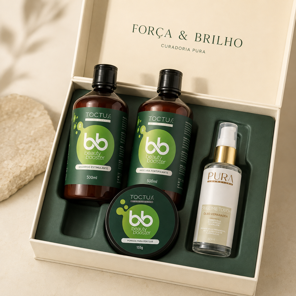 Kit Força e Brilho com Shampoo Estimulante, Máscara Fortificante e Pomada Beauty Booster Toctus e Sublime Touch Pura
