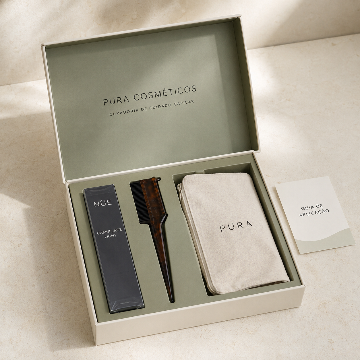 Kit Retoque Inteligente da Pura com Camuflage Light Nüe, pente aplicador, nécessaire e guia
