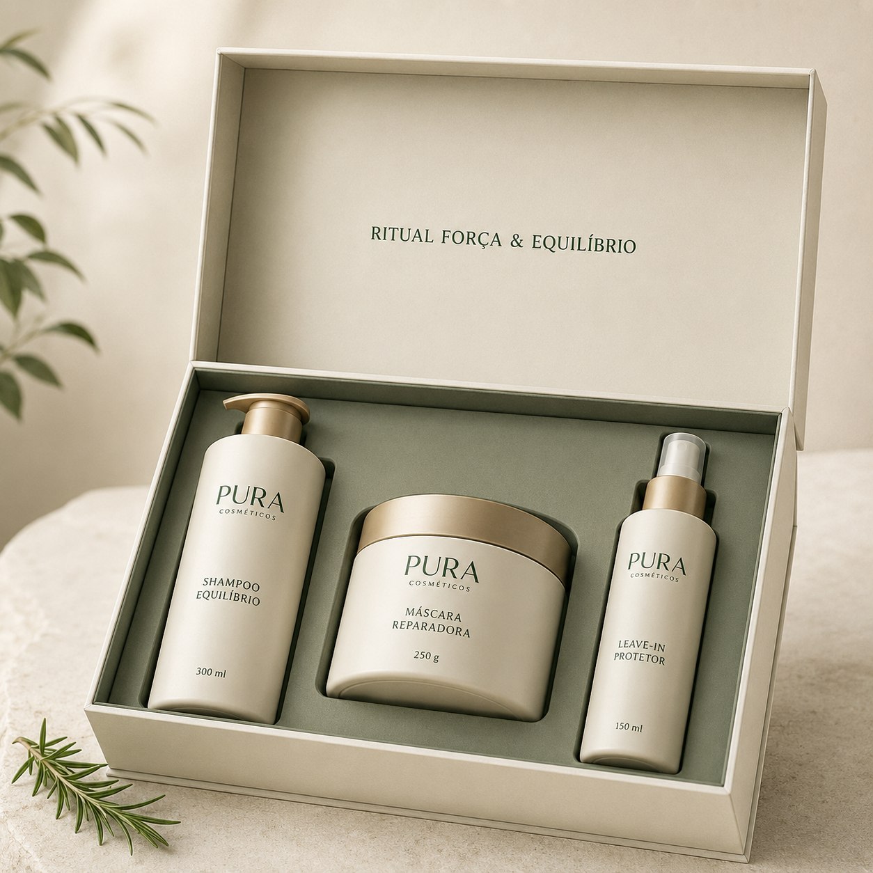 Kit Ritual Força e Equilíbrio Pura com shampoo, máscara reparadora e leave-in protetor