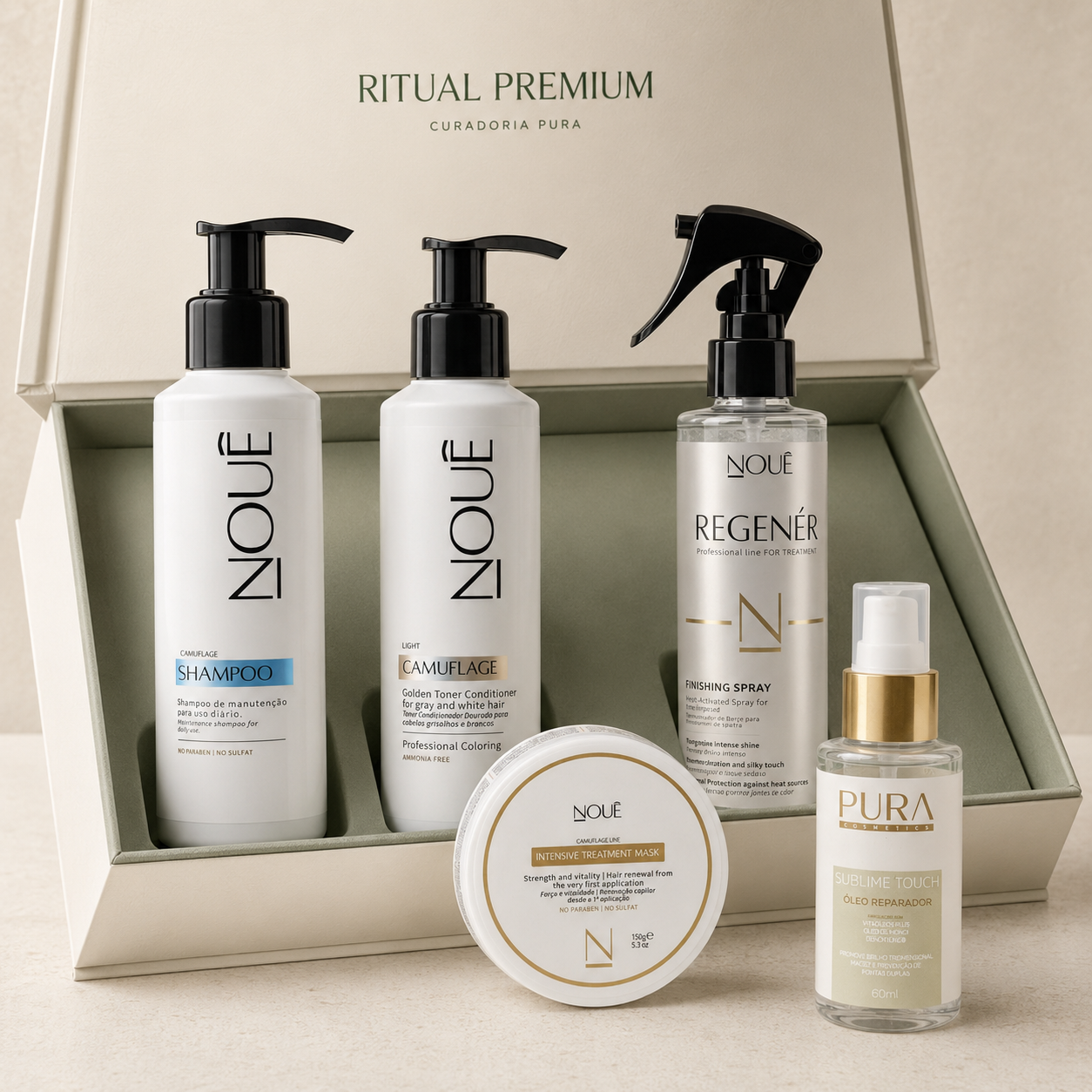 Kit Ritual Premium com Shampoo Nouê, Camuflage Light, Máscara Camuflage, Spray Regenér e Óleo Sublime Touch Pura